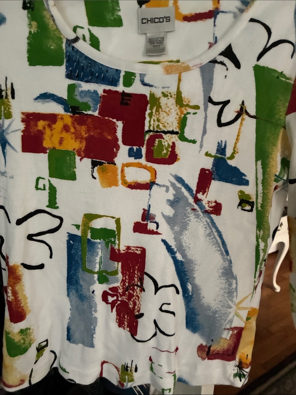 Chico's Long Sleeve Top with Multicolor Abstract Blocks in Size 0